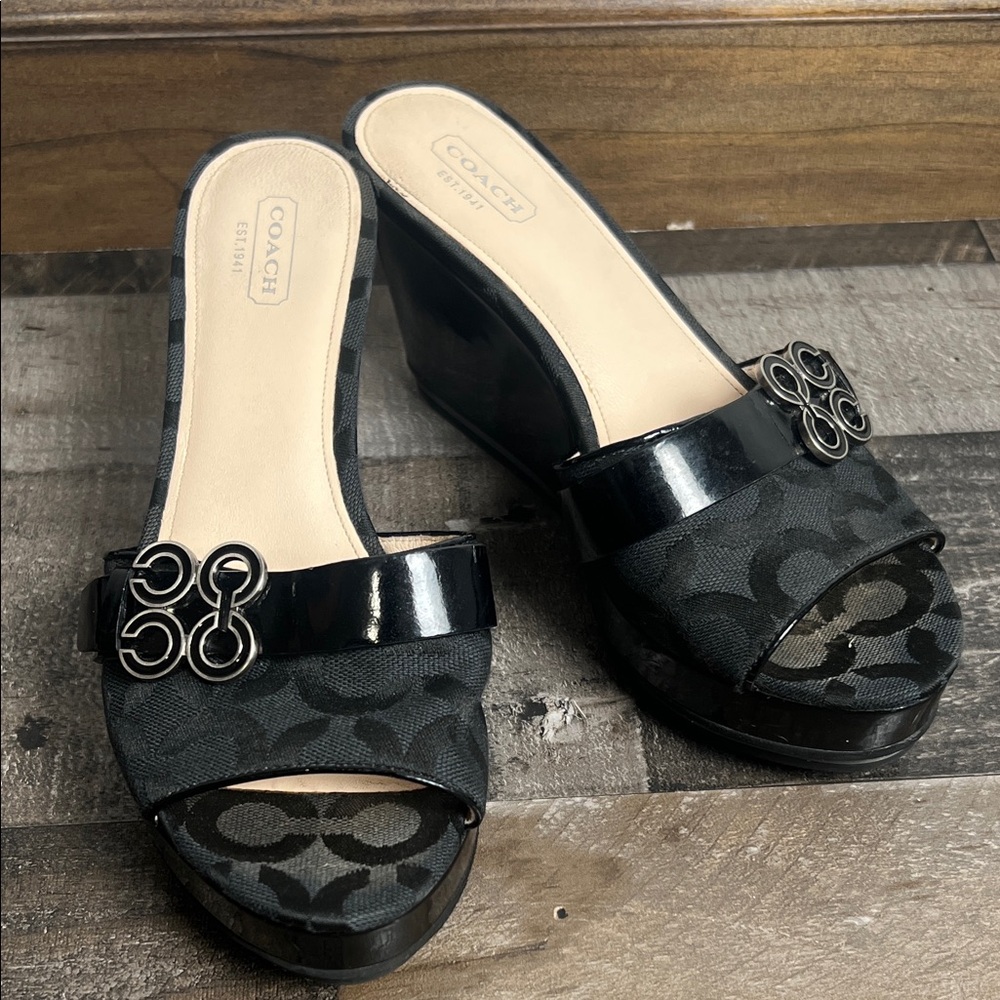 Coach Black and Gray Patterned Wedge Sandals